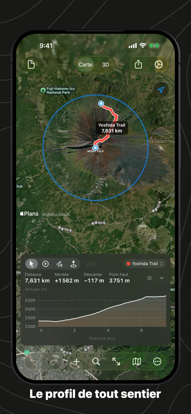 Geo Elevation sur iPhone : le sentier Yoshida sur le mont Fuji et son profil d’altitude