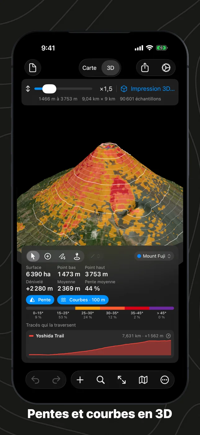 Geo Elevation sur iPhone : le mont Fuji en 3D coloré selon la pente