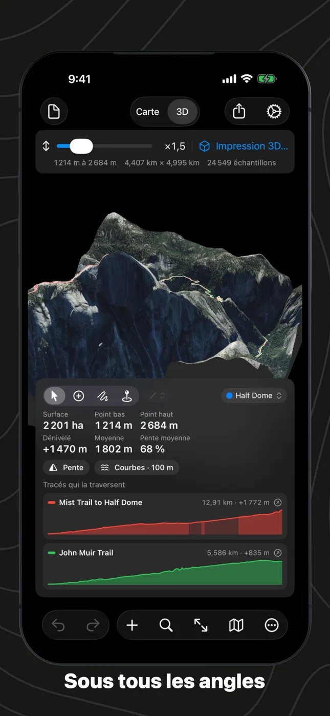 Geo Elevation sur iPhone : le Half Dome en 3D vu du nord-ouest