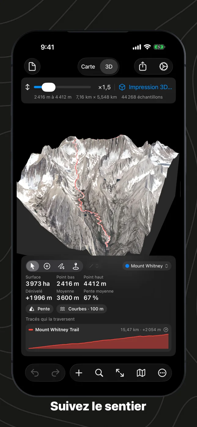 Geo Elevation sur iPhone : le mont Whitney en 3D vu de l’est