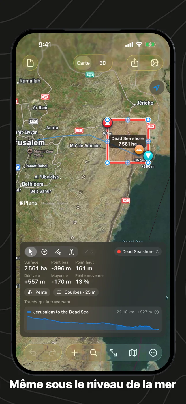 Geo Elevation sur iPhone : de Jérusalem à la mer Morte, le rivage à 396 m sous le niveau de la mer