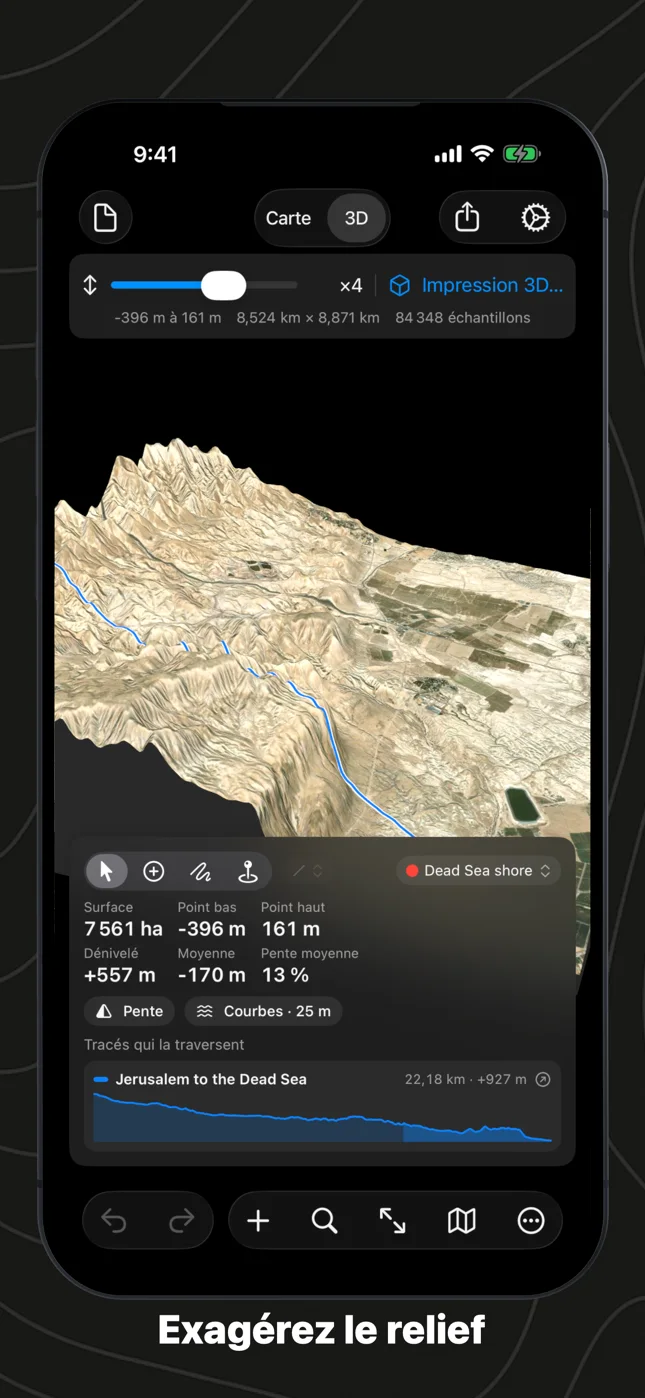 Geo Elevation sur iPhone : le bassin de la mer Morte en 3D