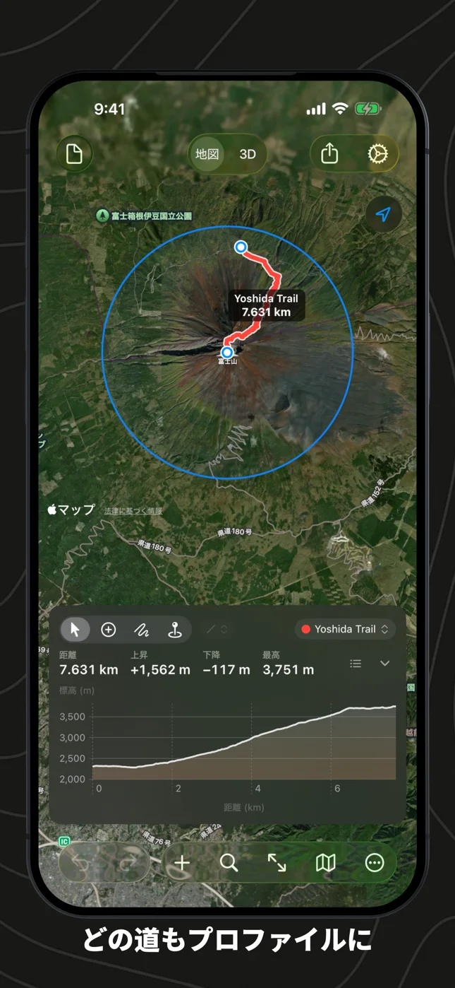 iPhoneのGeo Elevation：富士山の吉田ルートと標高プロファイル