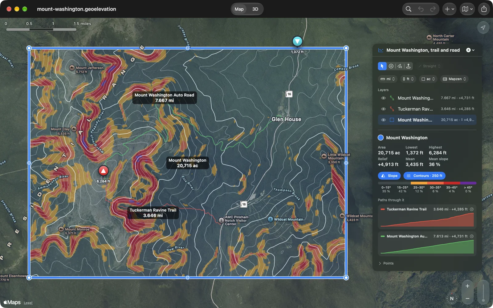 Geo Elevation on the Mac: the Mount Washington area on a satellite map with slope bands and contour lines, the Tuckerman Ravine Trail and the Auto Road crossing it, and the panel with 20,715 acres, a relief of 4,913 feet and both trails' profiles