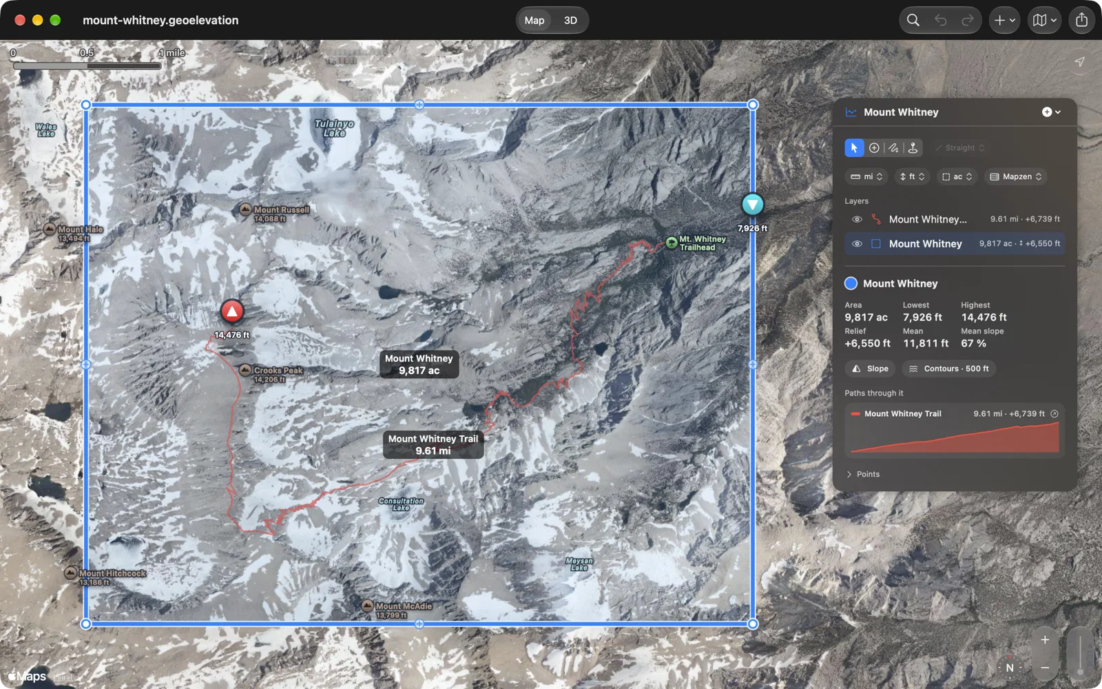 Geo Elevation on the Mac: the Mount Whitney area on a snowy satellite map with the Mount Whitney Trail crossing it, and the panel with the area's numbers and the trail's profile