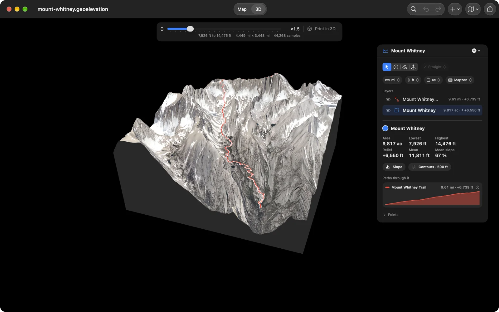 Mount Whitney in 3D on the Mac, seen from the east: the granite face above Whitney Portal with the trail's switchbacks climbing it