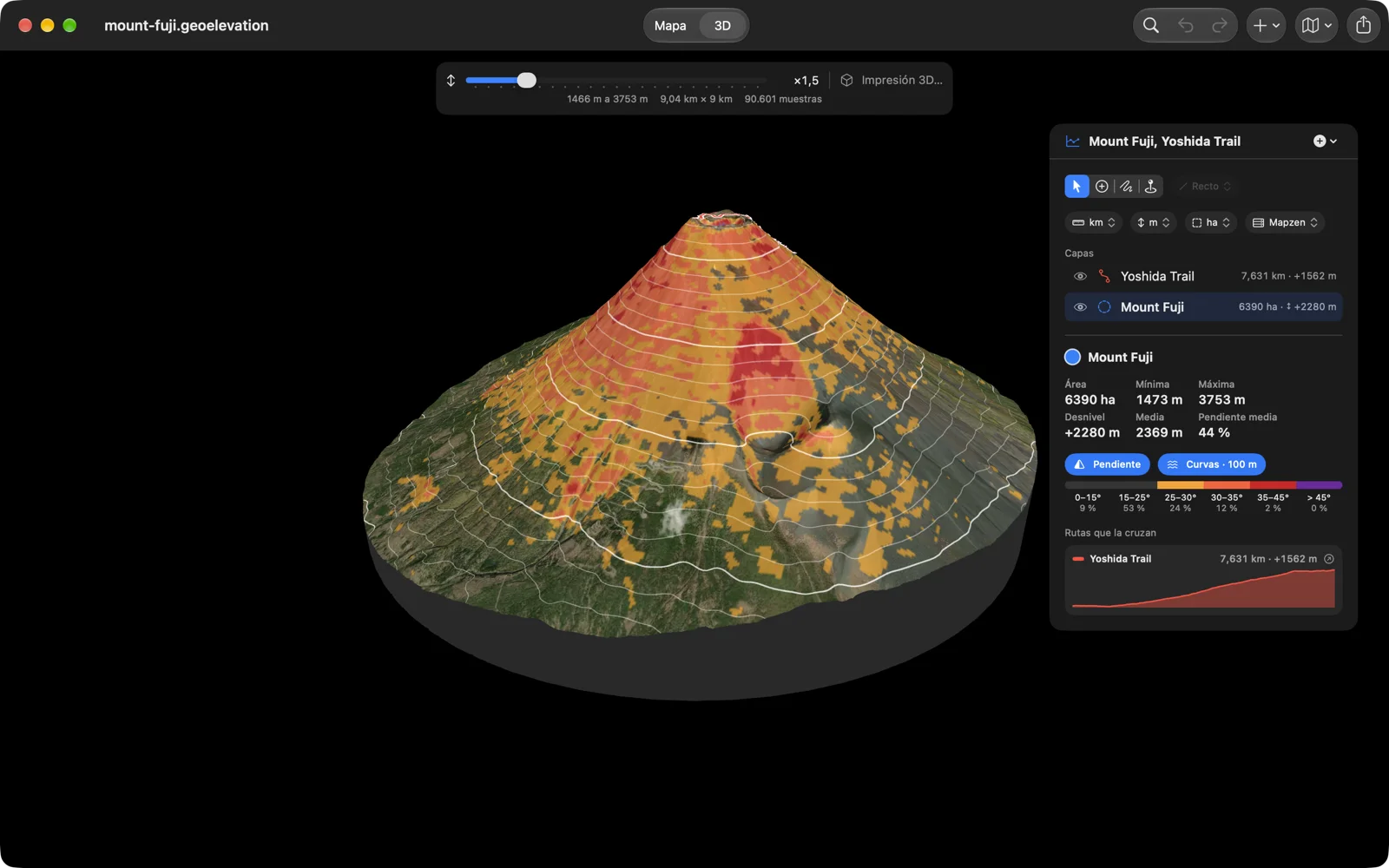 El monte Fuji en 3D en el Mac: el cono coloreado por pendiente desde 25 grados, curvas blancas cada 100 m, y el panel con las cifras del área y el perfil del sendero Yoshida