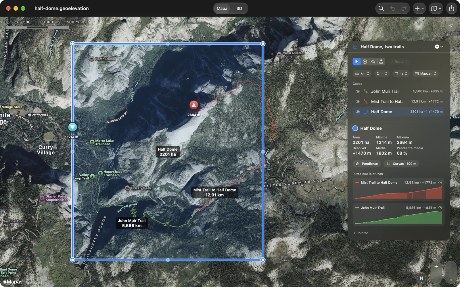 Geo Elevation en el Mac: el área de Half Dome sobre un mapa satelital, cruzada por el Mist Trail y el John Muir Trail, con los puntos más alto y más bajo marcados