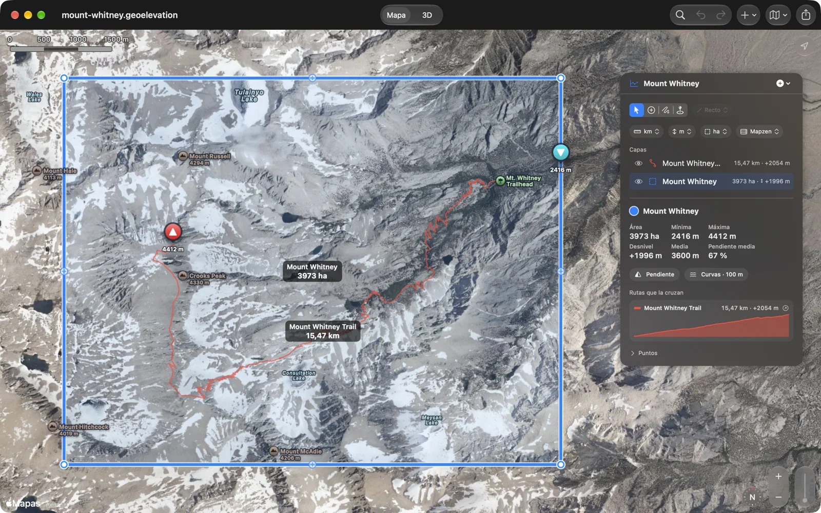Geo Elevation en el Mac: el área del monte Whitney sobre un mapa satelital nevado con el Mount Whitney Trail y su perfil en el panel