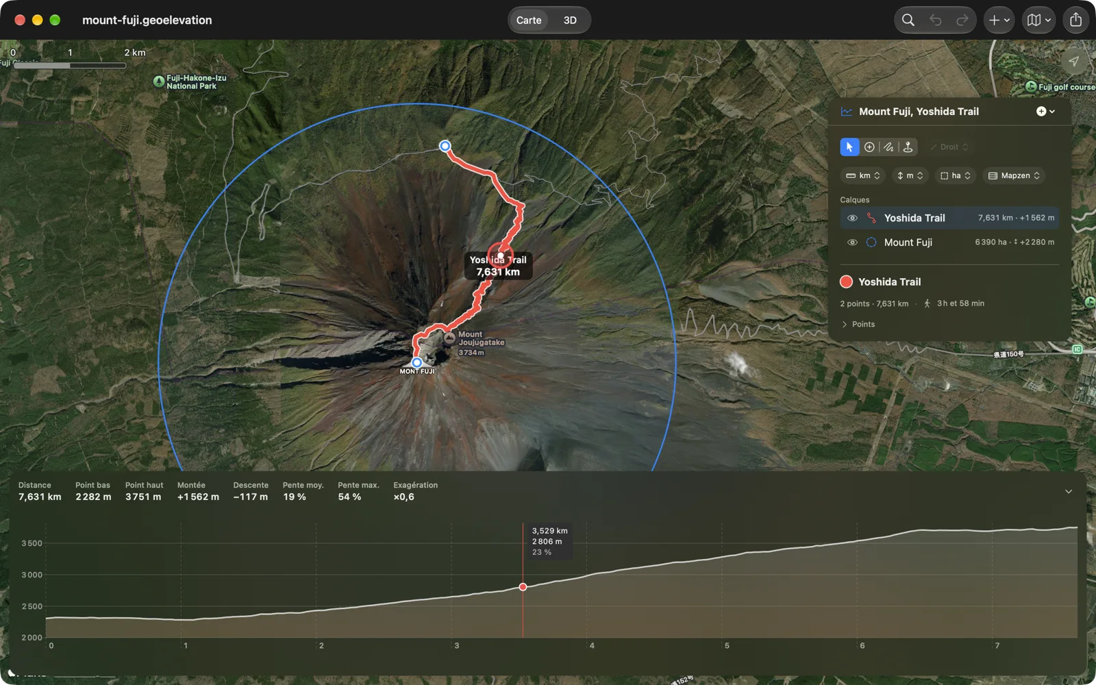 Geo Elevation sur le Mac : le sentier Yoshida qui monte au mont Fuji dans un cercle sur une carte satellite, avec son profil d’altitude dessous