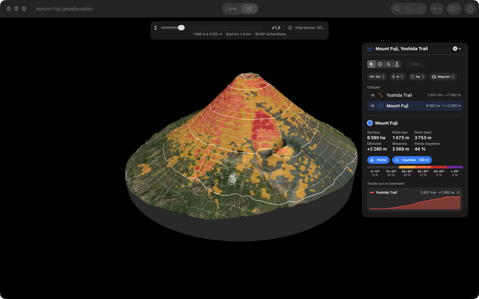 Le mont Fuji en 3D sur le Mac : le cône coloré selon la pente à partir de 25 degrés, des courbes blanches tous les 100 m, et le panneau avec les chiffres de la surface et le profil du sentier Yoshida