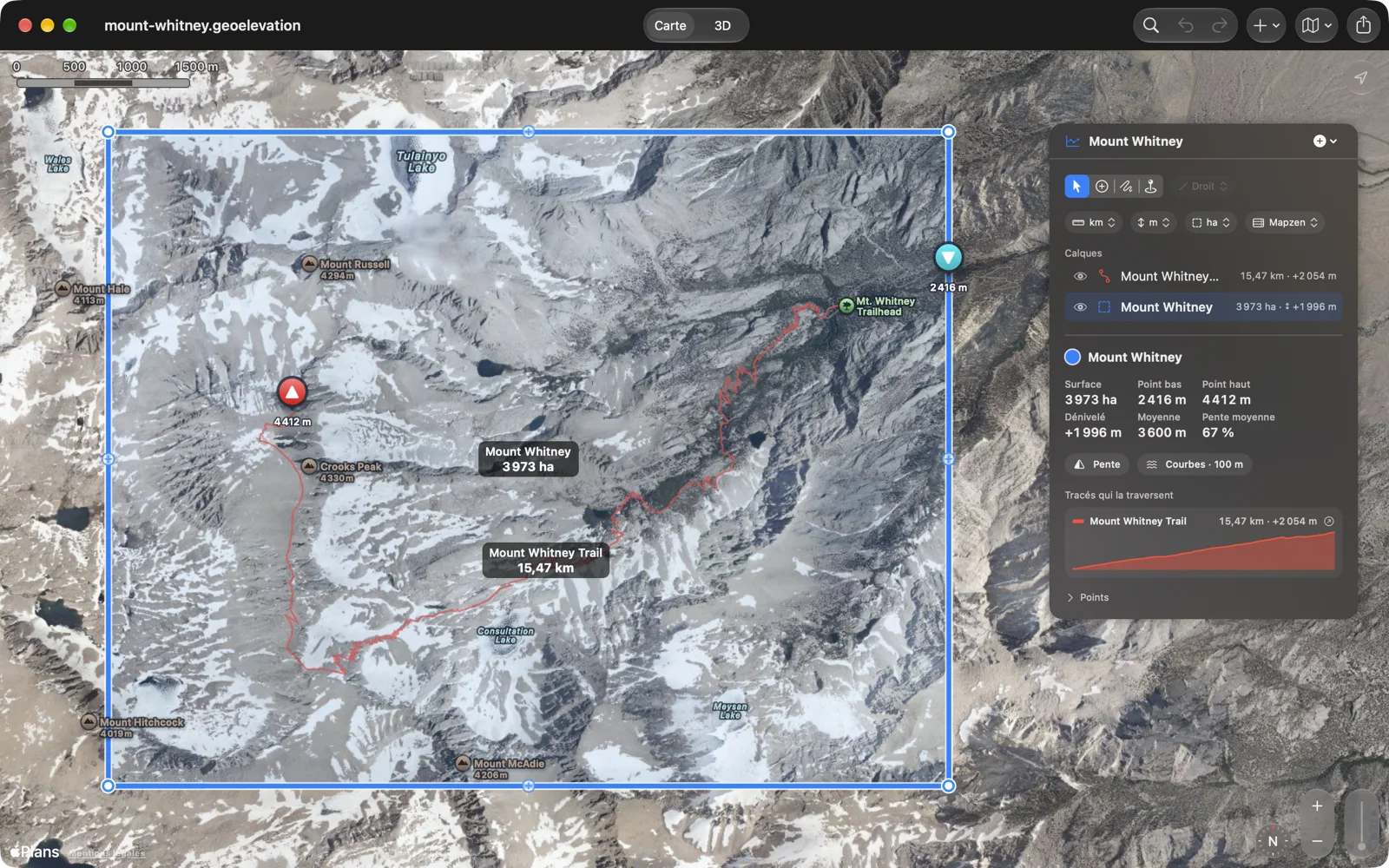 Geo Elevation sur le Mac : la surface du mont Whitney sur une carte satellite enneigée avec le Mount Whitney Trail et son profil dans le panneau