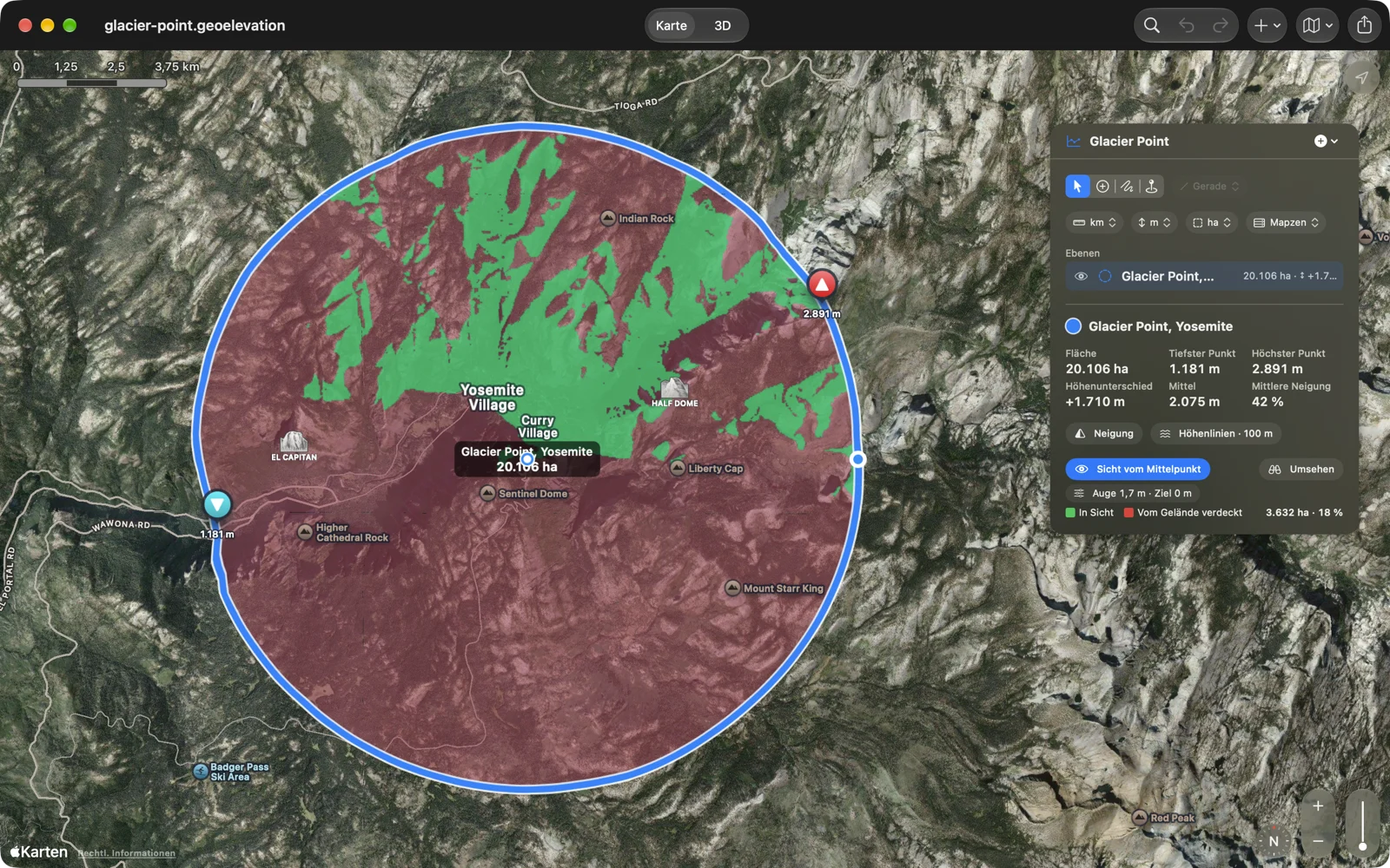 „Sicht vom Mittelpunkt“ auf dem Mac: ein Kreis von 8 km Radius um Glacier Point auf einer Satellitenkarte, das sichtbare Gelände grün, das verdeckte rot, im Panel 18 % in Sicht