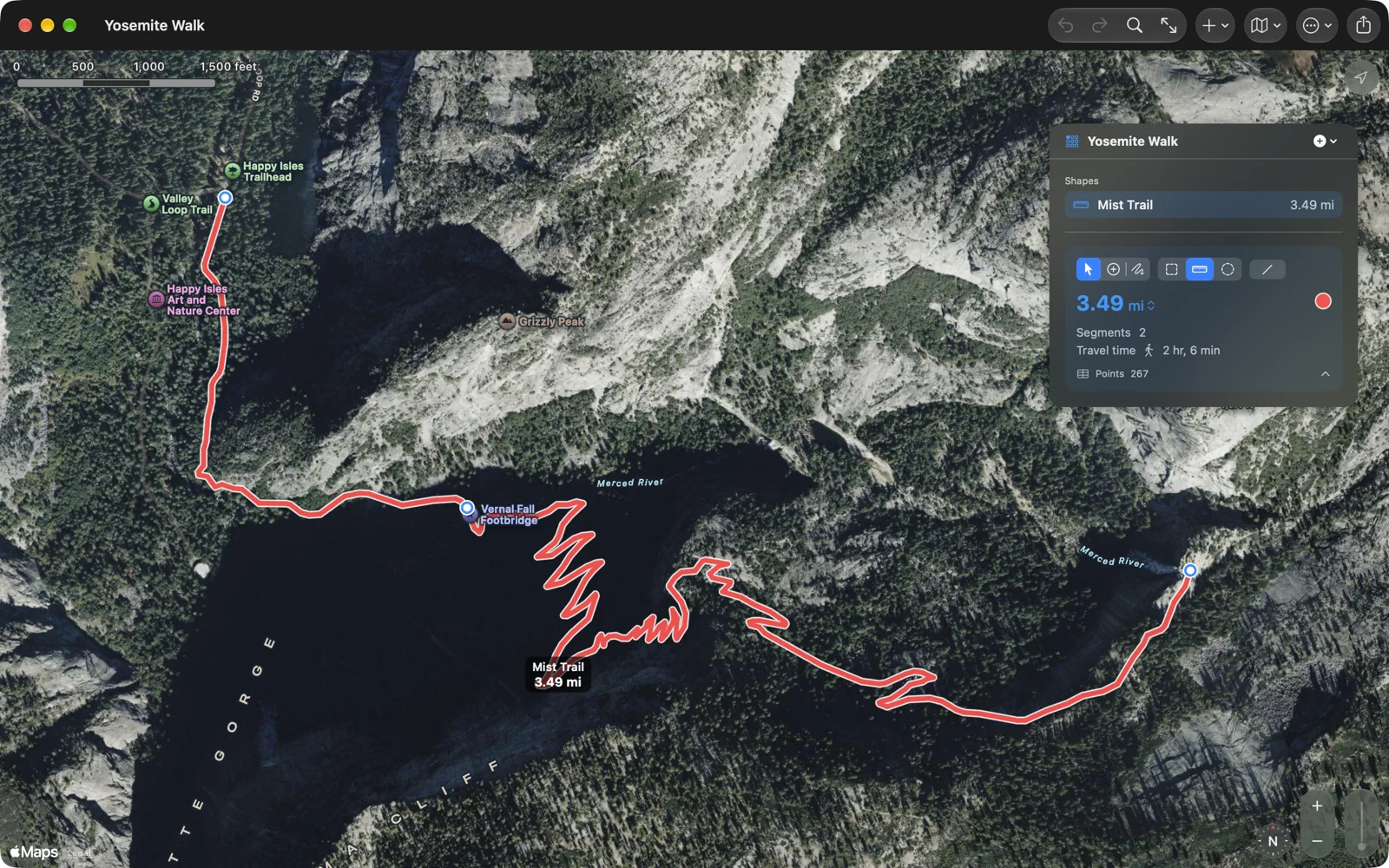 Geo Measure on the Mac: the Mist Trail in Yosemite drawn along its switchbacks from Happy Isles past Vernal Fall, 3.49 miles with a walking time of 2 hours 6 minutes