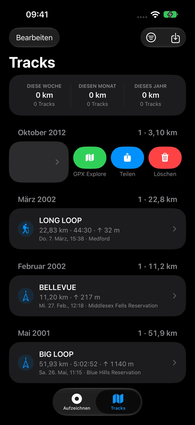 Ein Track in der Trackliste von Geo Tracker zur Seite gewischt, mit der grünen Taste GPX Explore neben Teilen und Löschen