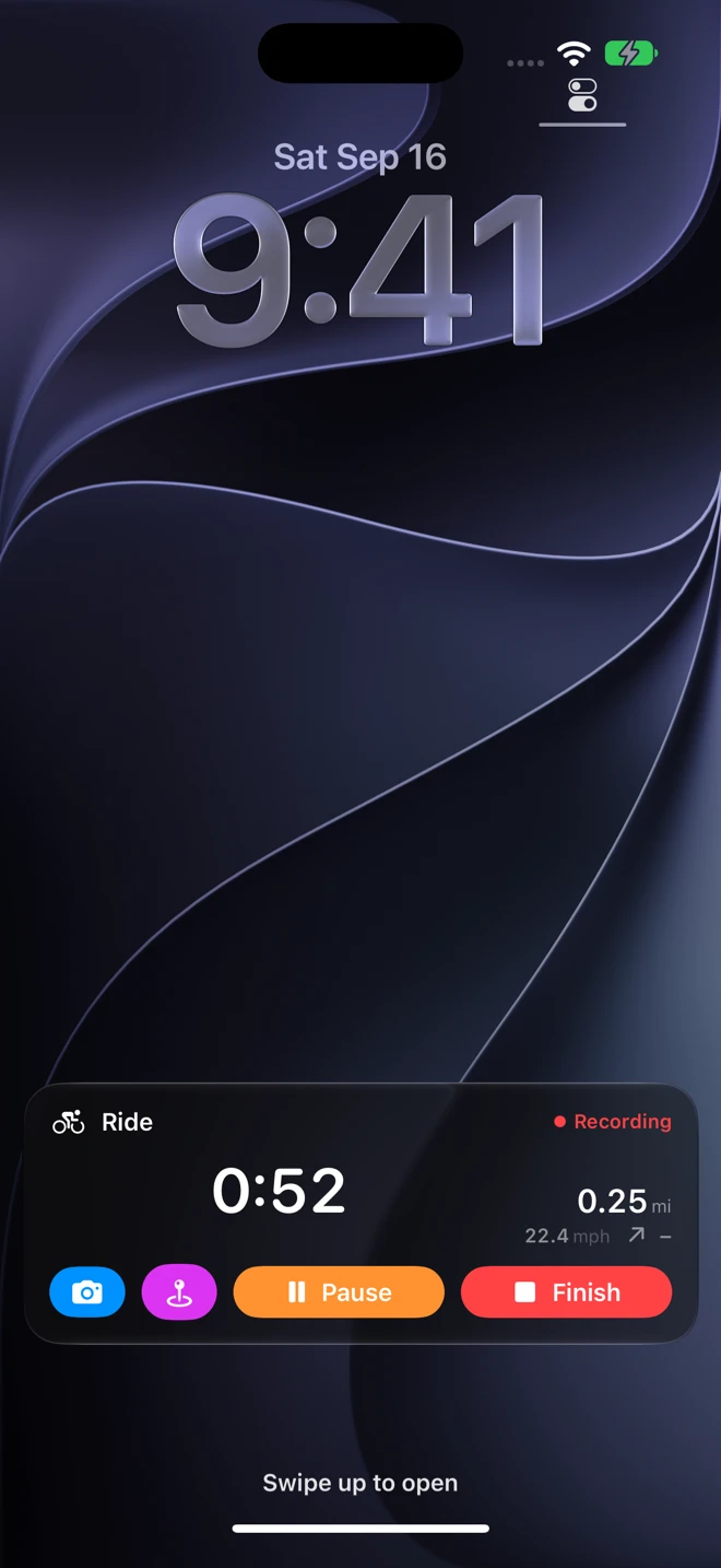 The iPhone Lock Screen with Geo Tracker's recording card: Ride, 0:52, 0.25 mi, and the camera, waypoint, Pause and Finish buttons
