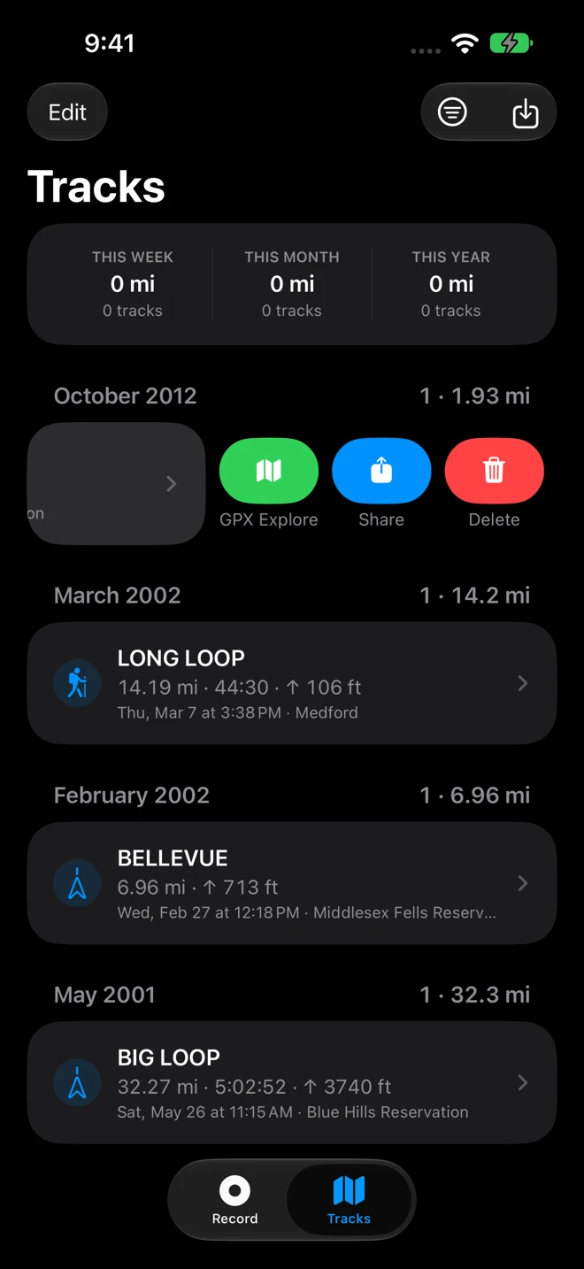 A track swiped aside in Geo Tracker's Tracks list, showing a green GPX Explore button beside Share and Delete