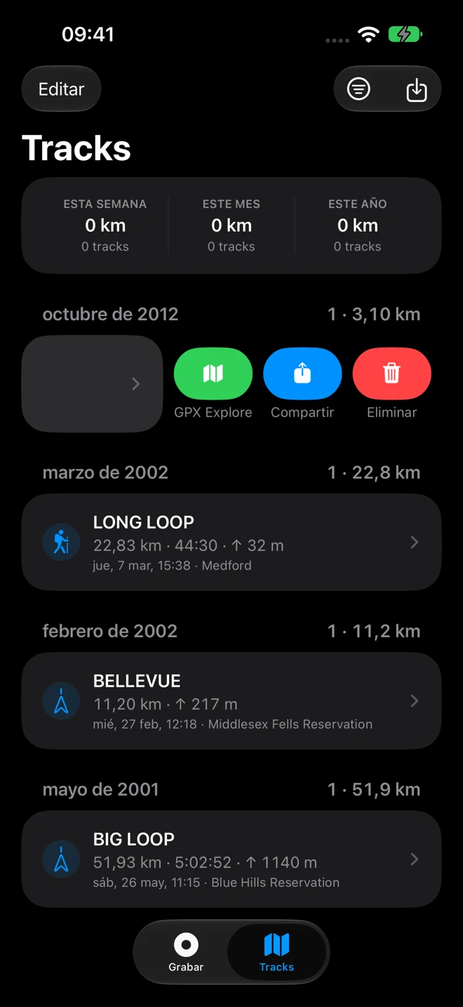 Una ruta deslizada a un lado en la lista Tracks de Geo Tracker, con el botón verde GPX Explore junto a Compartir y Eliminar