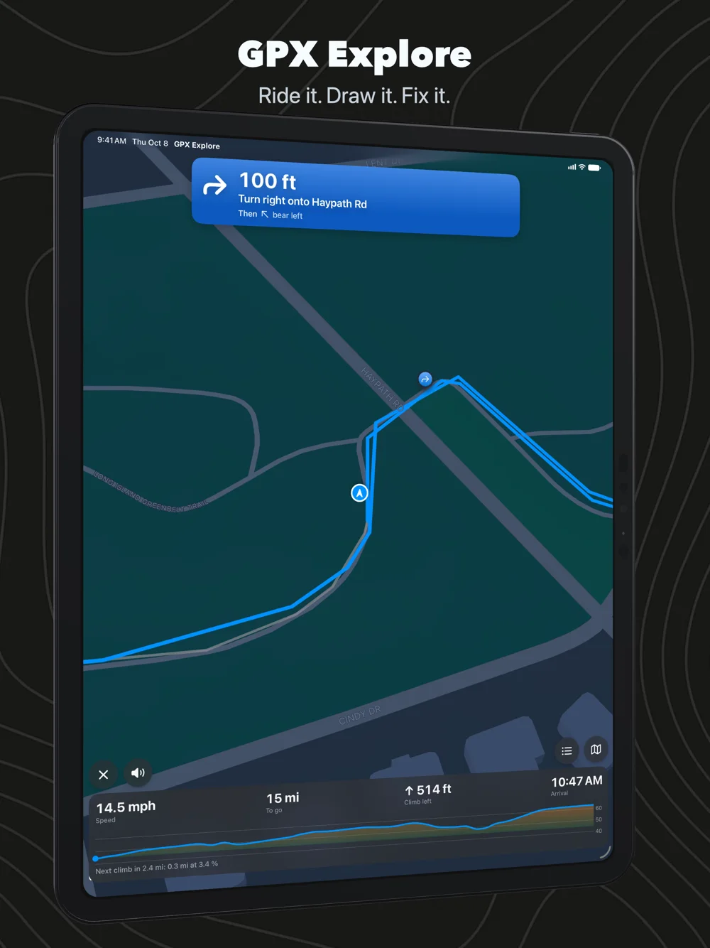 GPX Explore riding a route on iPad: the turn banner with its street name and the ride's numbers