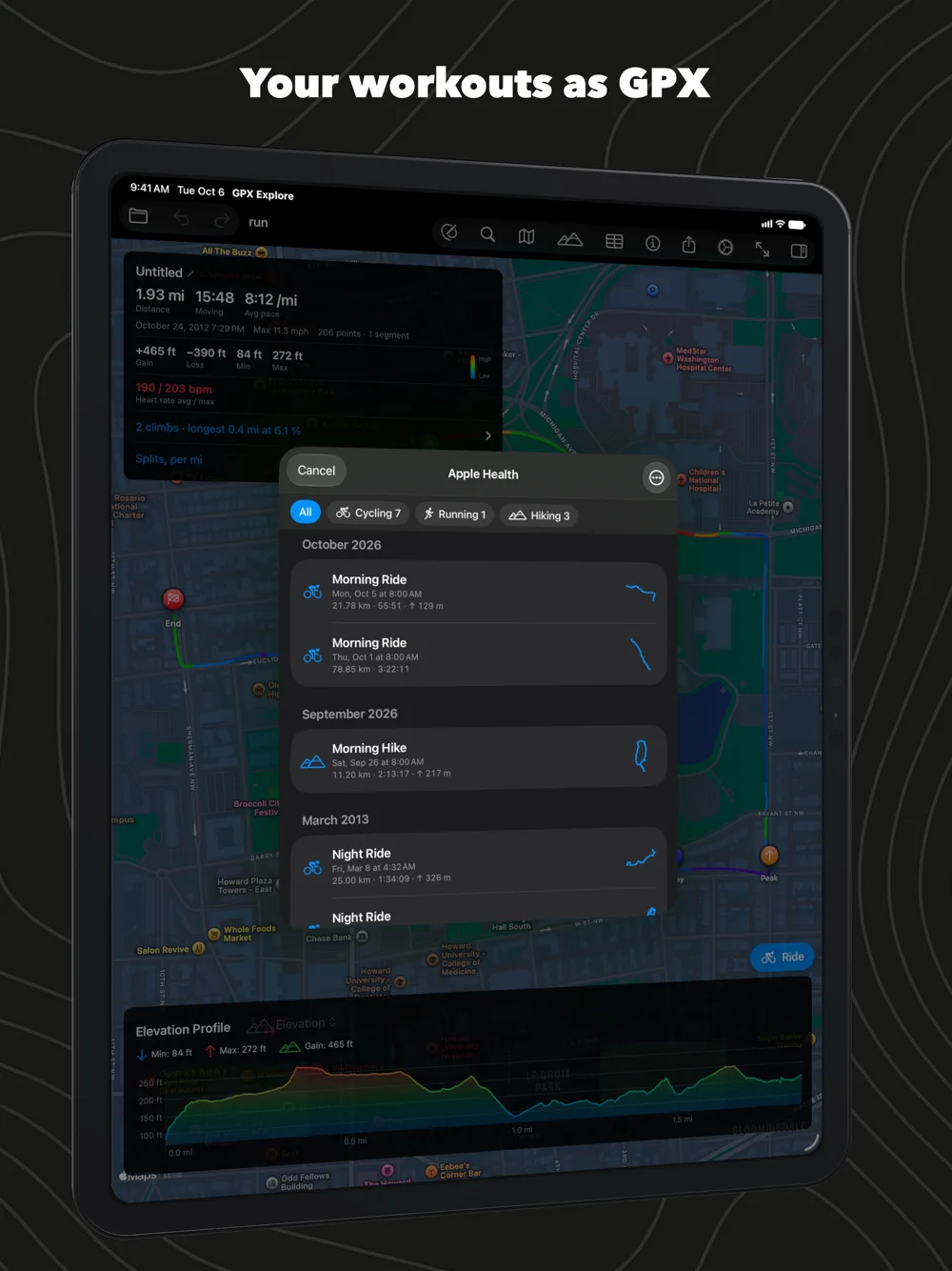 Apple Health workouts in GPX Explore on iPad, by month