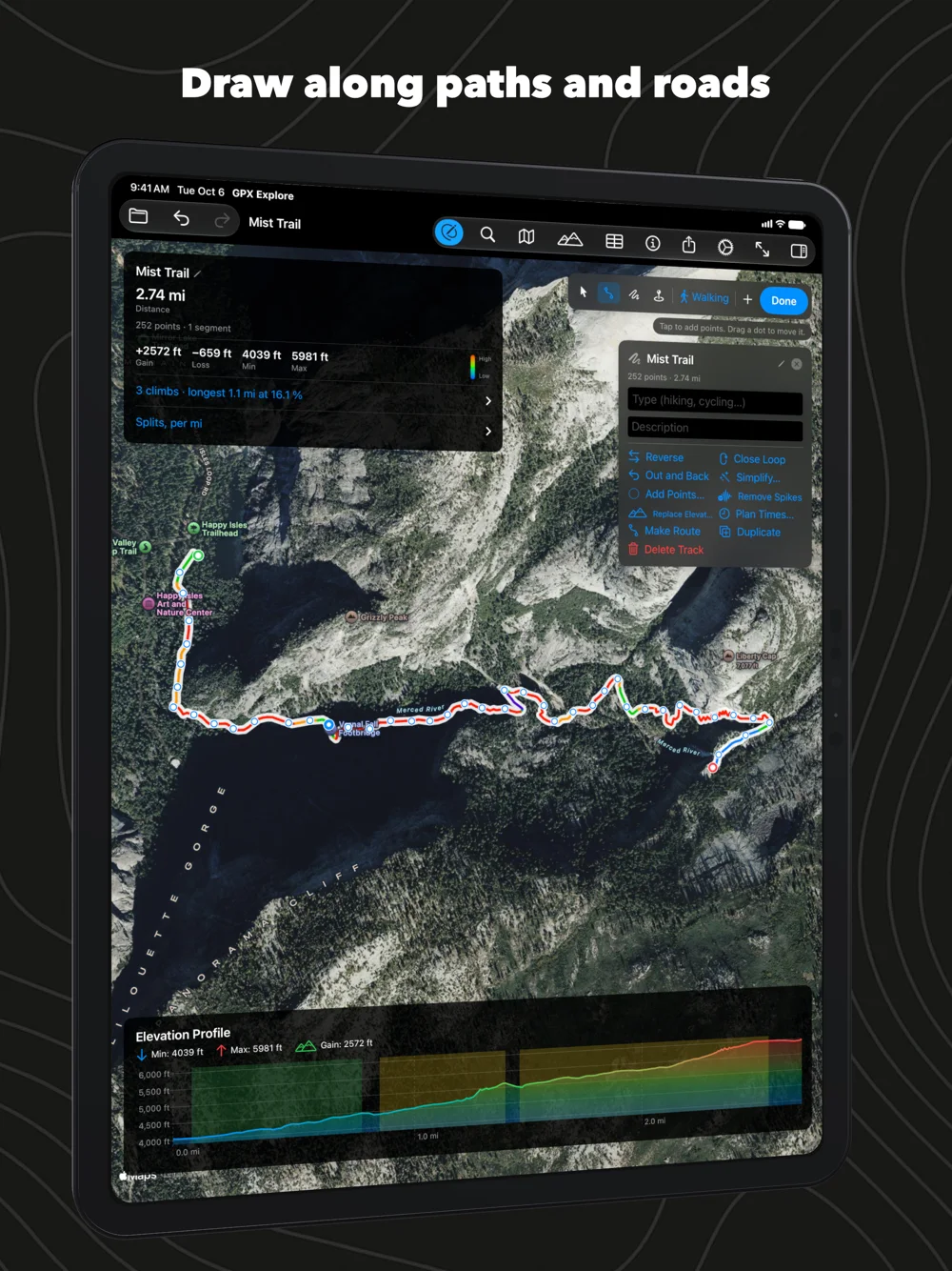 Drawing along the Mist Trail on iPad, with the editing panel beside the map