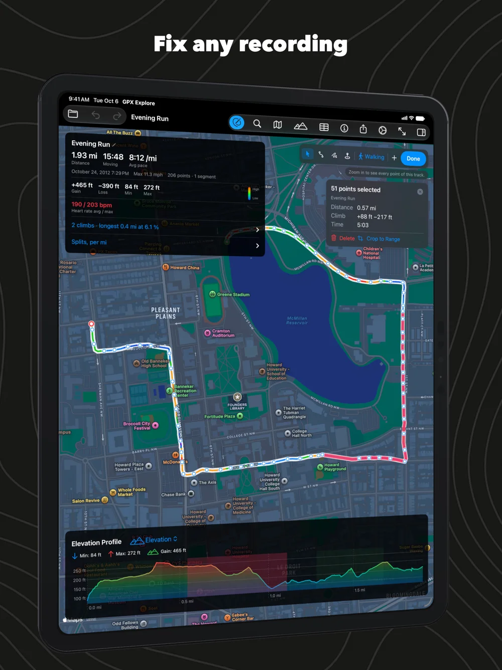 Fixing a recording on iPad, a stretch selected on the map and the chart