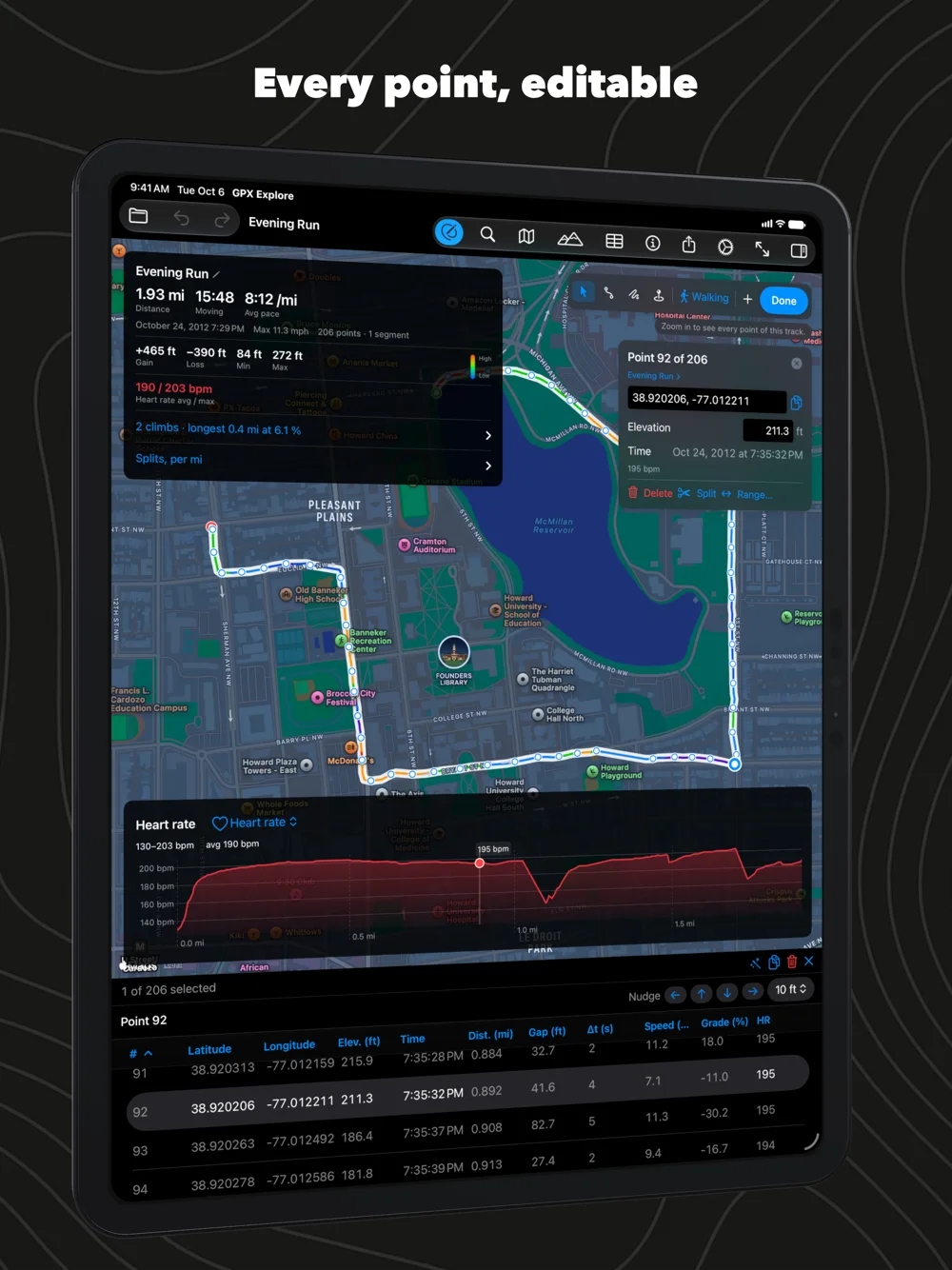 Every point in a table on iPad, under the map and the heart-rate chart
