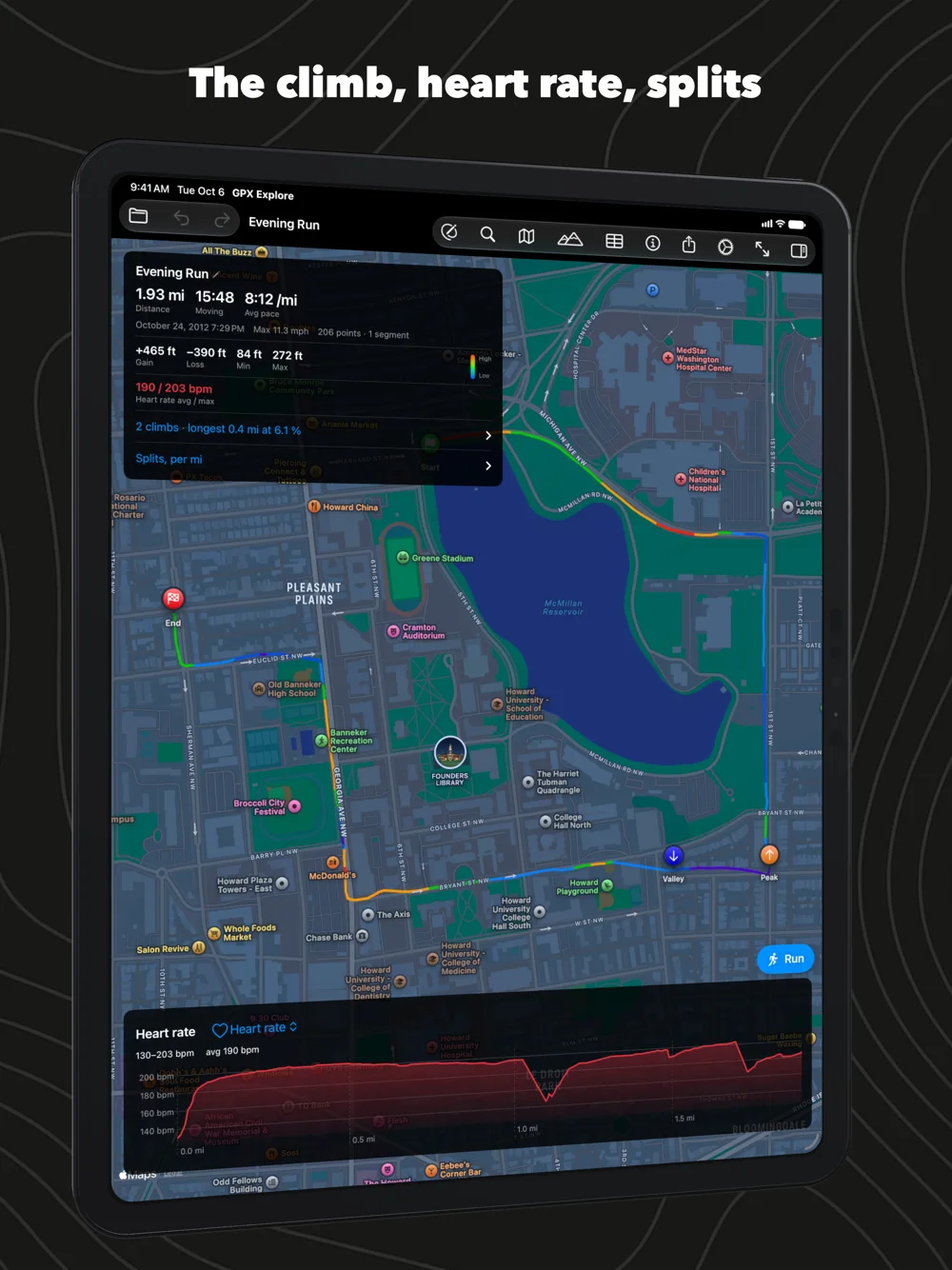 A run on iPad with heart rate charted under the map