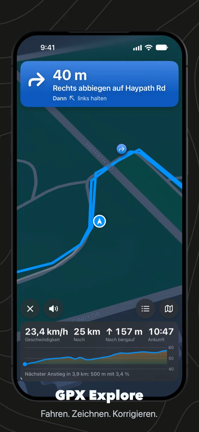 GPX Explore fährt eine Route auf dem iPhone: in 40 m rechts abbiegen auf Haypath Rd, dann links halten; die Linie liegt auf der Straße, die Karte ist in Fahrtrichtung gedreht, darunter 23,4 km/h, noch 25 km und 157 m bergauf und die Ankunft um 10:47