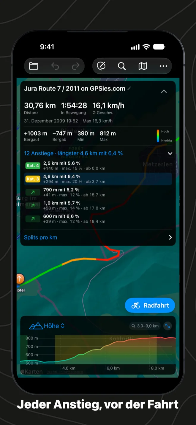 Die Routenkarte auf dem iPhone mit 12 Anstiegen, der längste 4,6 km mit 6,4 %, dem Anstieg der Kategorie 3 im Höhendiagramm hinterlegt und der Taste „Radfahrt“