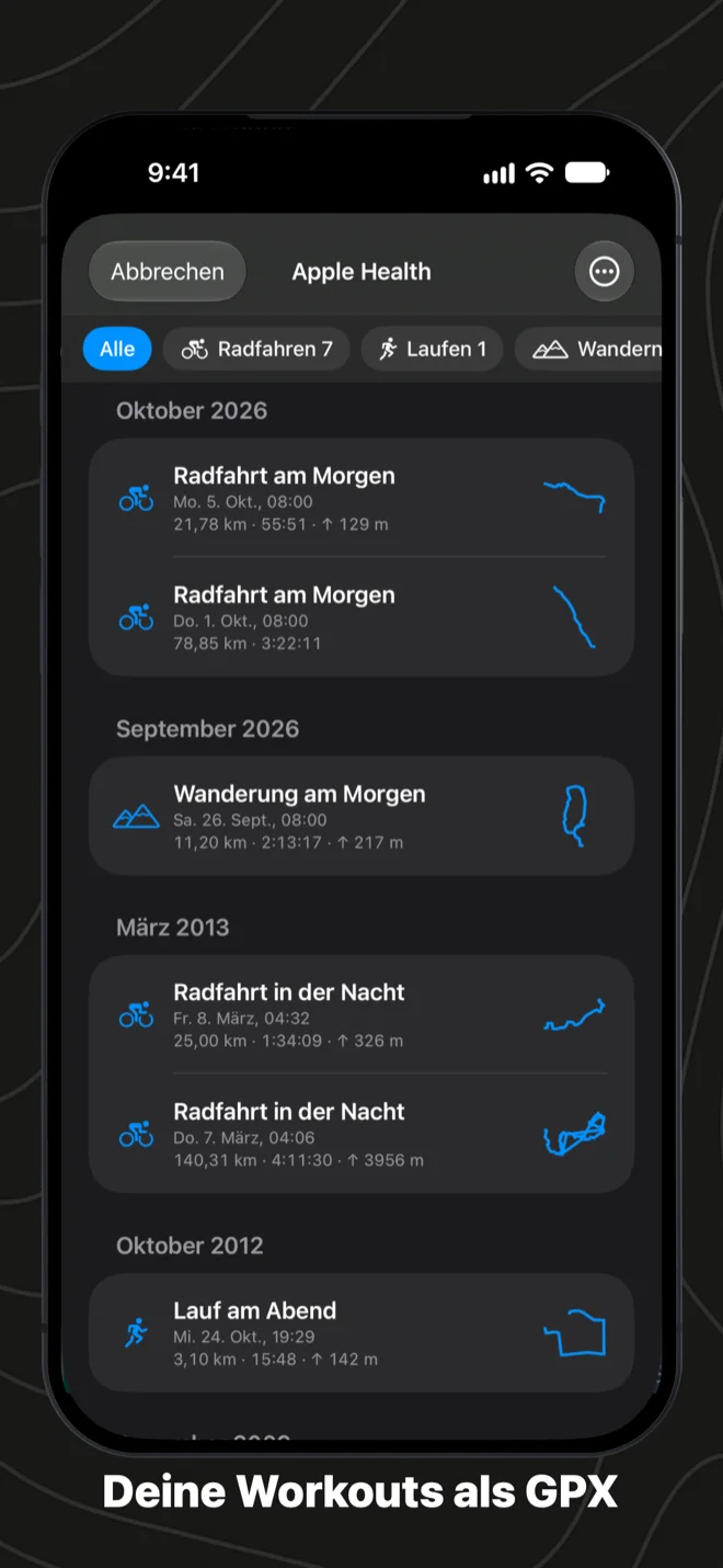 Workouts aus Apple Health in GPX Explore auf dem iPhone: Radfahrten, Wanderungen und Läufe nach Monat, jedes mit Distanz, Zeit, Höhenmetern und dem Umriss seiner Route