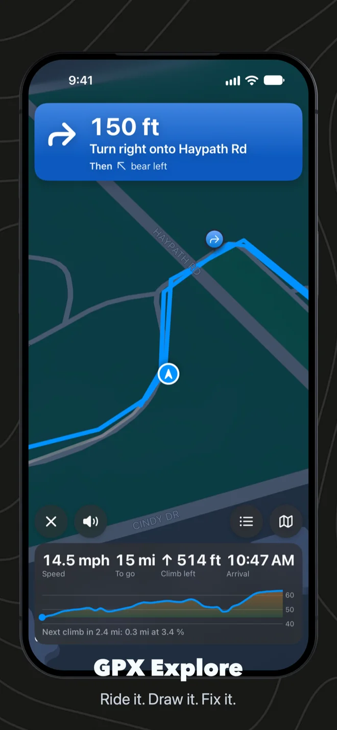 GPX Explore riding a route on iPhone: Turn right onto Haypath Rd in 150 ft, then bear left, the line on the road, the map turned to the way you are going, speed, distance to go and arrival time