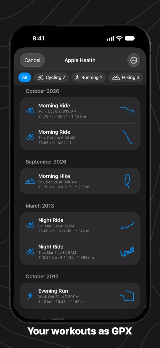 Apple Health workouts in GPX Explore on iPhone: rides, hikes and runs by month, each with its distance, time, climb and the outline of its route