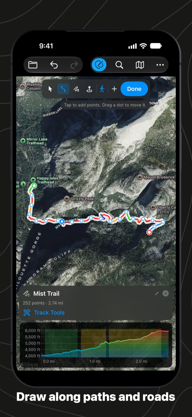 Drawing along the Mist Trail on iPhone, the route following the switchbacks
