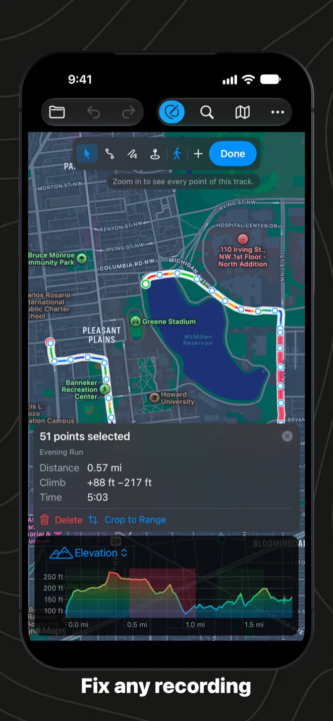 Fixing a recording on iPhone: 51 points selected, ready to delete or crop