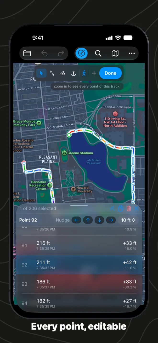 Every point of a run in a table on iPhone: height, time, the change from the point before and the grade, with point 92 selected and the nudge arrows