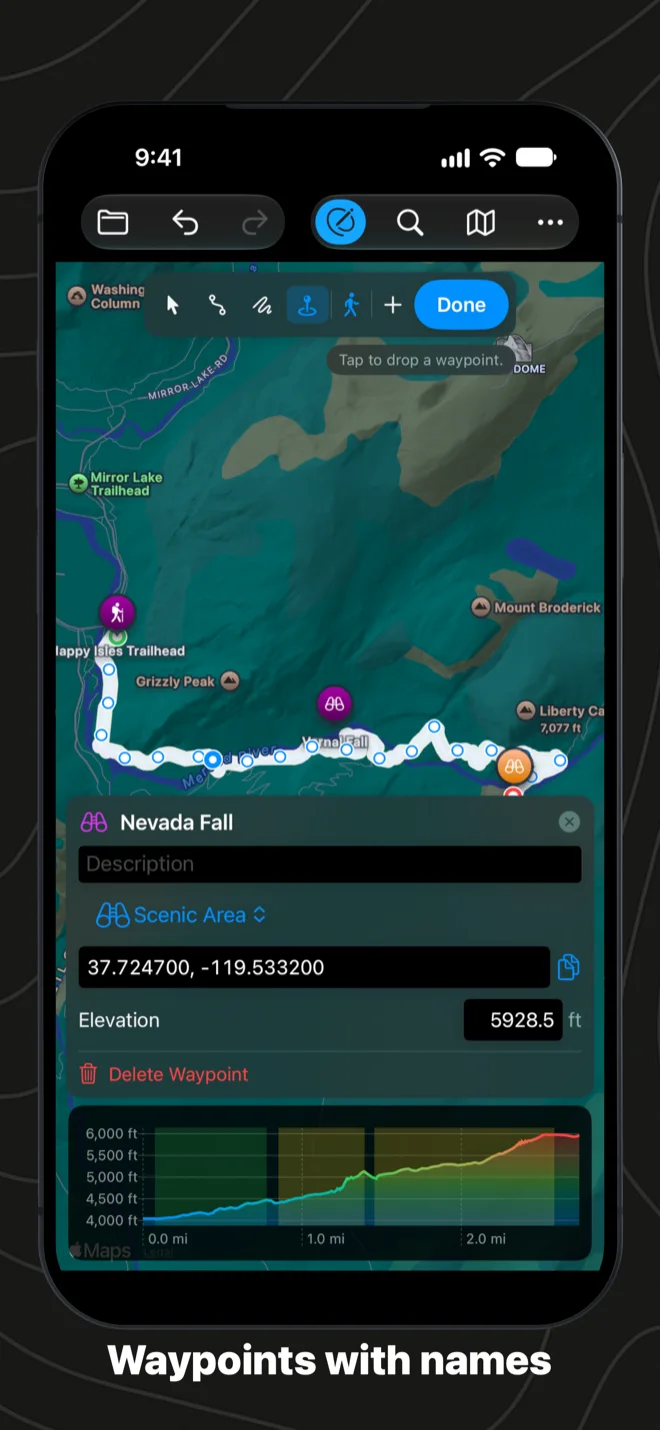 Waypoints with names and symbols along the Mist Trail on iPhone