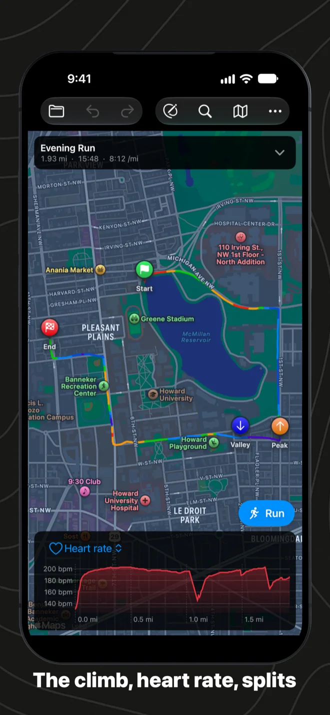 A run on iPhone with heart rate charted under the map