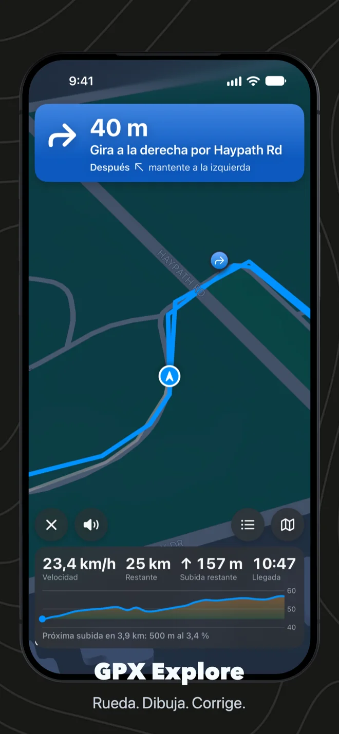 GPX Explore siguiendo una ruta en el iPhone: en 40 m gira a la derecha por Haypath Rd y después mantente a la izquierda, la línea sobre la carretera, el mapa girado hacia donde vas, la velocidad, la distancia que falta y la hora de llegada