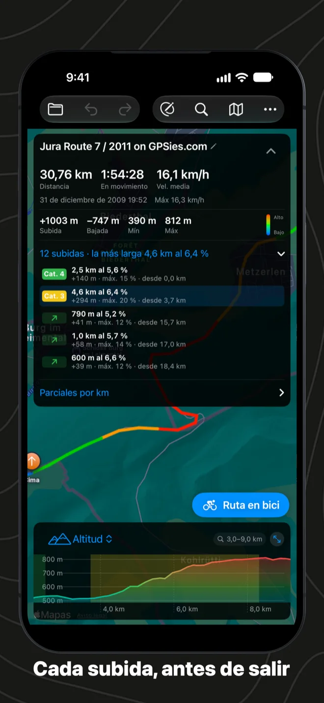 La ficha de ruta en el iPhone con 12 subidas, la más larga 4,6 km al 6,4 %, la subida de categoría 3 sombreada en el gráfico de altitud y el botón Ruta en bici