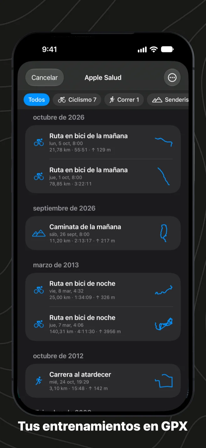 Entrenamientos de Apple Salud en GPX Explore en el iPhone: salidas en bici, caminatas y carreras por mes, cada una con su distancia, su tiempo, su desnivel y el contorno de su ruta