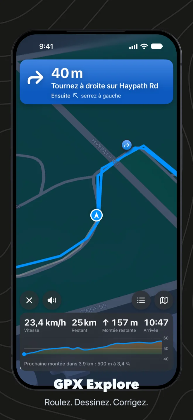GPX Explore suit un itinéraire sur iPhone : Tournez à droite sur Haypath Rd dans 40 m, ensuite serrez à gauche, le tracé posé sur la route, la carte tournée dans le sens de la marche, la vitesse, la distance restante, la montée restante et l’heure d’arrivée