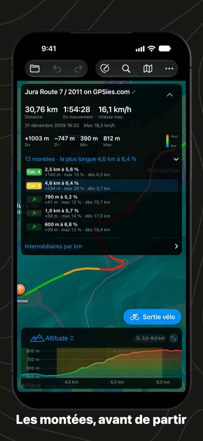 La fiche sur iPhone liste 12 montées, la plus longue 4,6 km à 6,4 %, avec la montée de catégorie 3 ombrée sur le profil d’altitude et le bouton Sortie vélo
