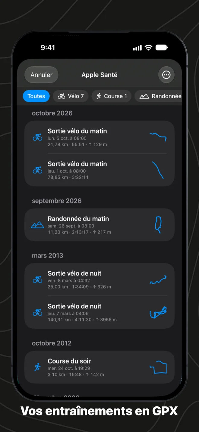 Les entraînements d’Apple Santé dans GPX Explore sur iPhone : sorties vélo, randonnée et course classées par mois, chacune avec sa distance, sa durée, son dénivelé et le contour de son tracé