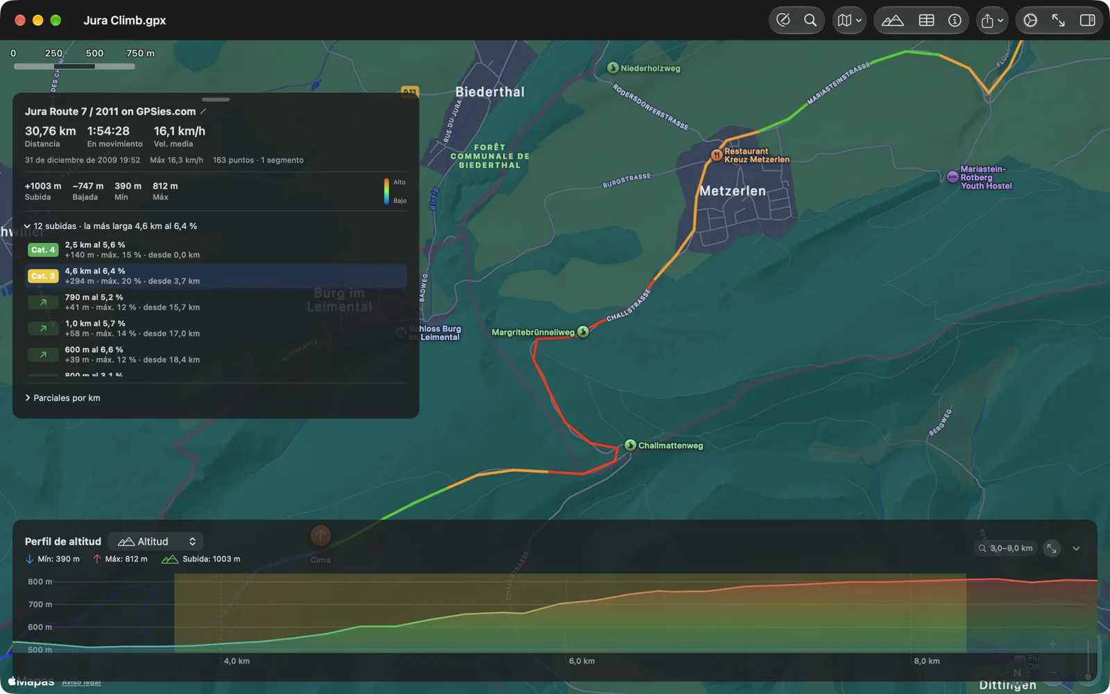 GPX Explore en el Mac: 31 km por el Jura con sus 12 subidas en la ficha de ruta y la más larga, de categoría 3, elegida y sombreada en el perfil de altitud