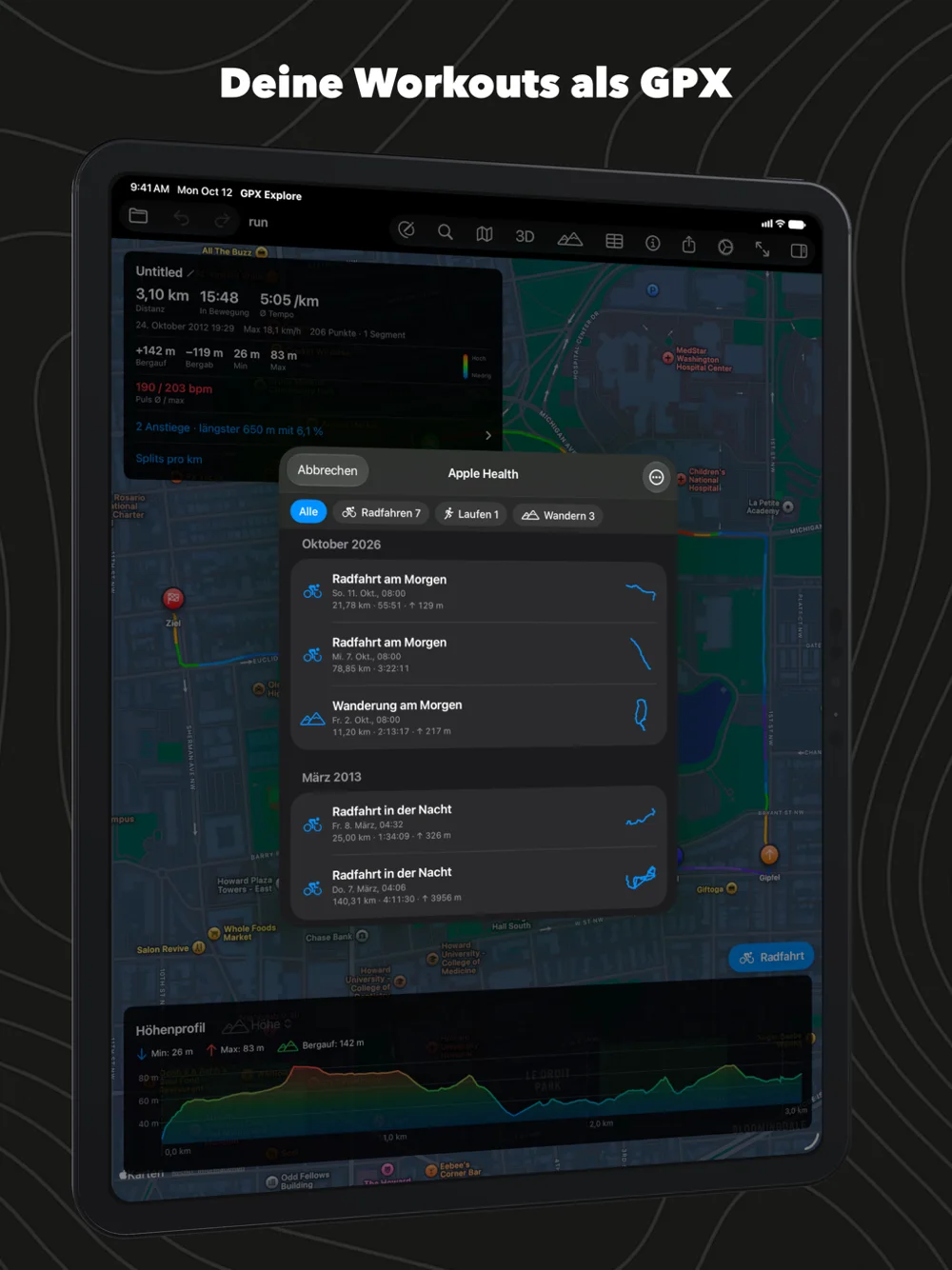 Workouts aus Apple Health in GPX Explore auf dem iPad, nach Monat