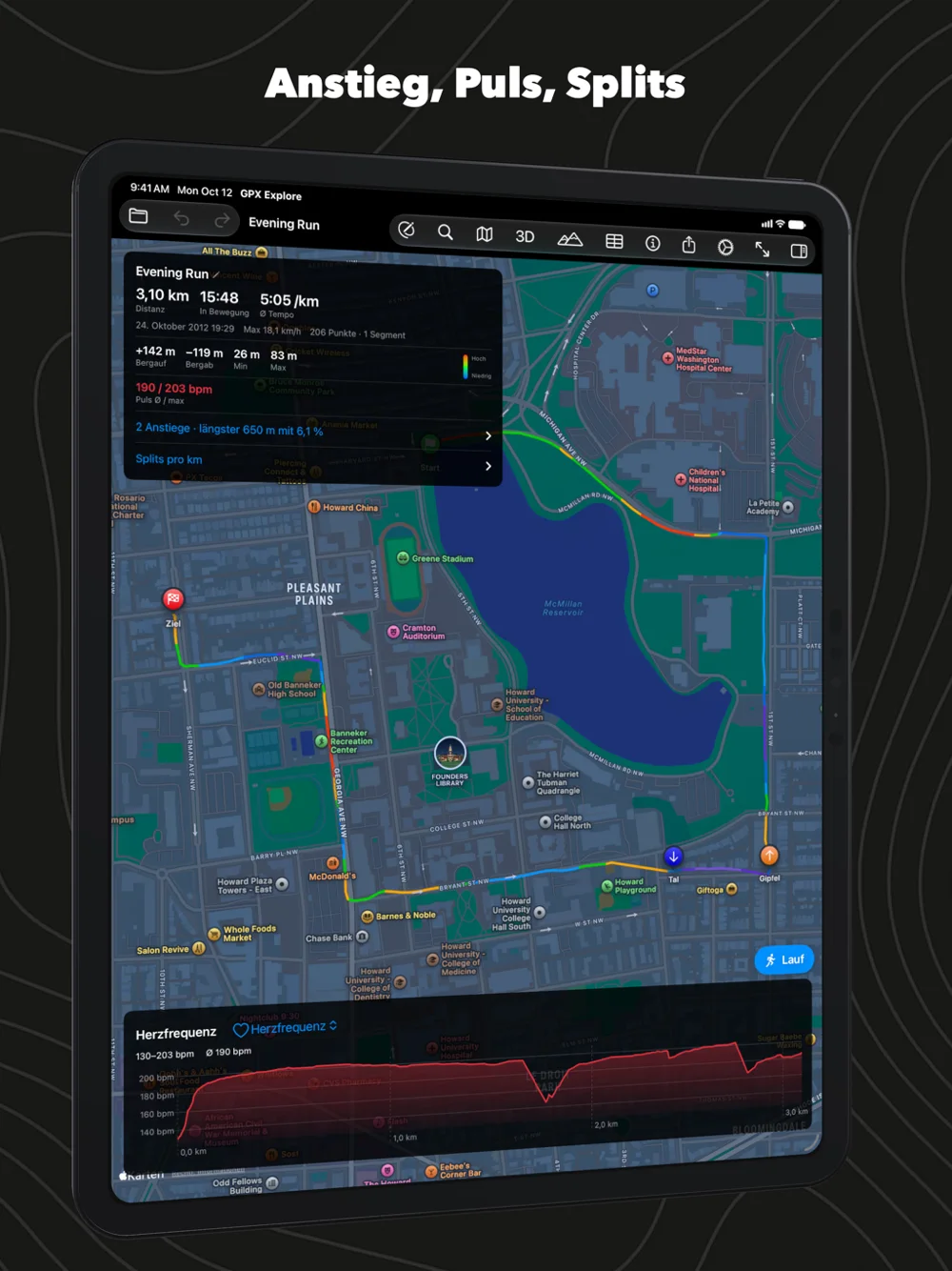 Ein Lauf auf dem iPad mit der Herzfrequenz im Diagramm unter der Karte