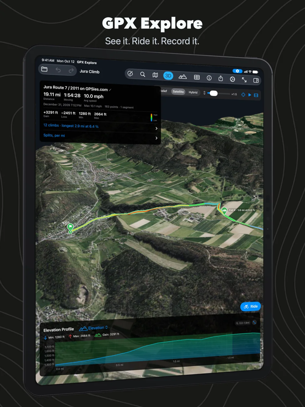 A ride in 3D on iPad over satellite imagery, its climbs marked on the hills and the elevation chart below