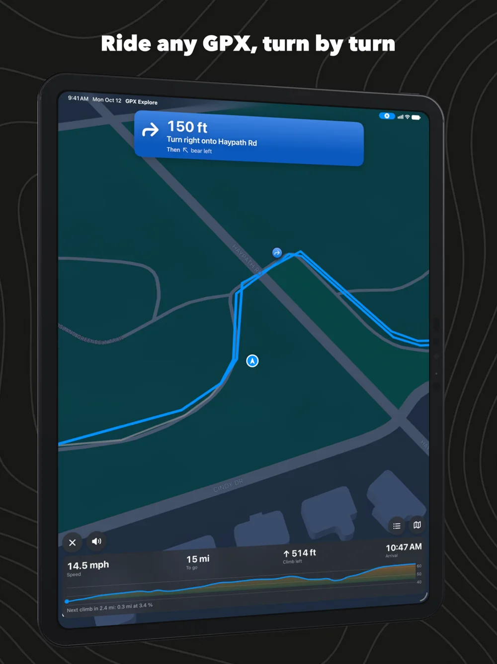 GPX Explore riding a route on iPad: the turn banner with its street name and the ride's numbers