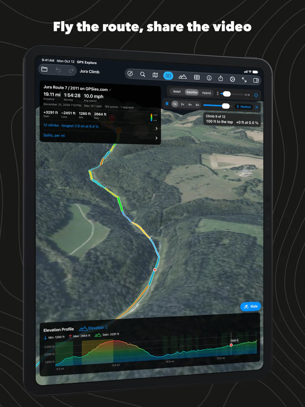 Fly the Route on iPad: the camera behind the rider over the hills, with the climb the rider is on